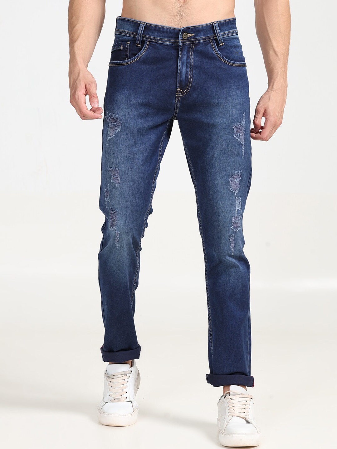 

Jean Cafe Men Jean Mildly Distressed Slim Fit Light Fade Pure Cotton Jeans, Blue
