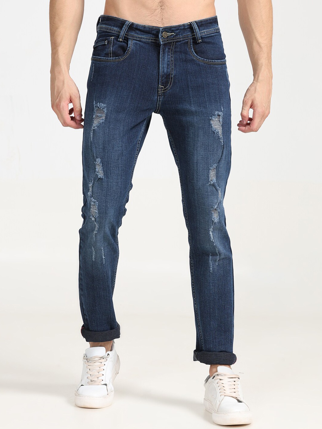 

Jean Cafe Men Jean Slim Fit Mildly Distressed Light Fade Cotton Jeans, Blue