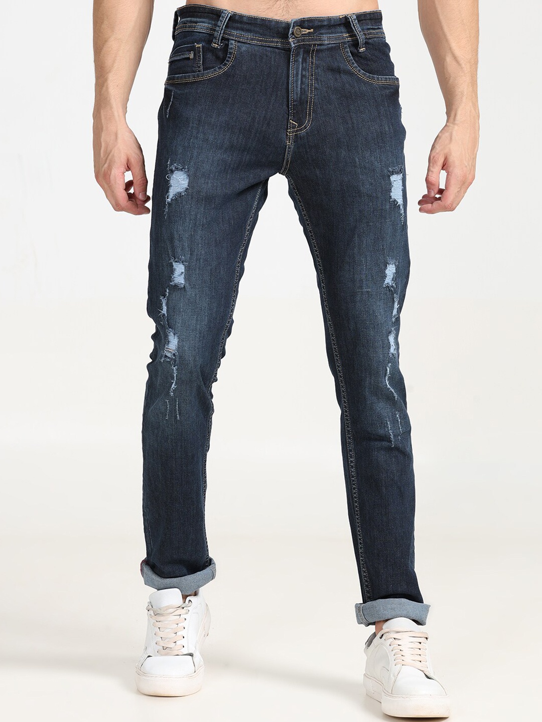 

Jean Cafe Men Jean Mildly Distressed Slim Fit Light Fade Pure Cotton Jeans, Navy blue
