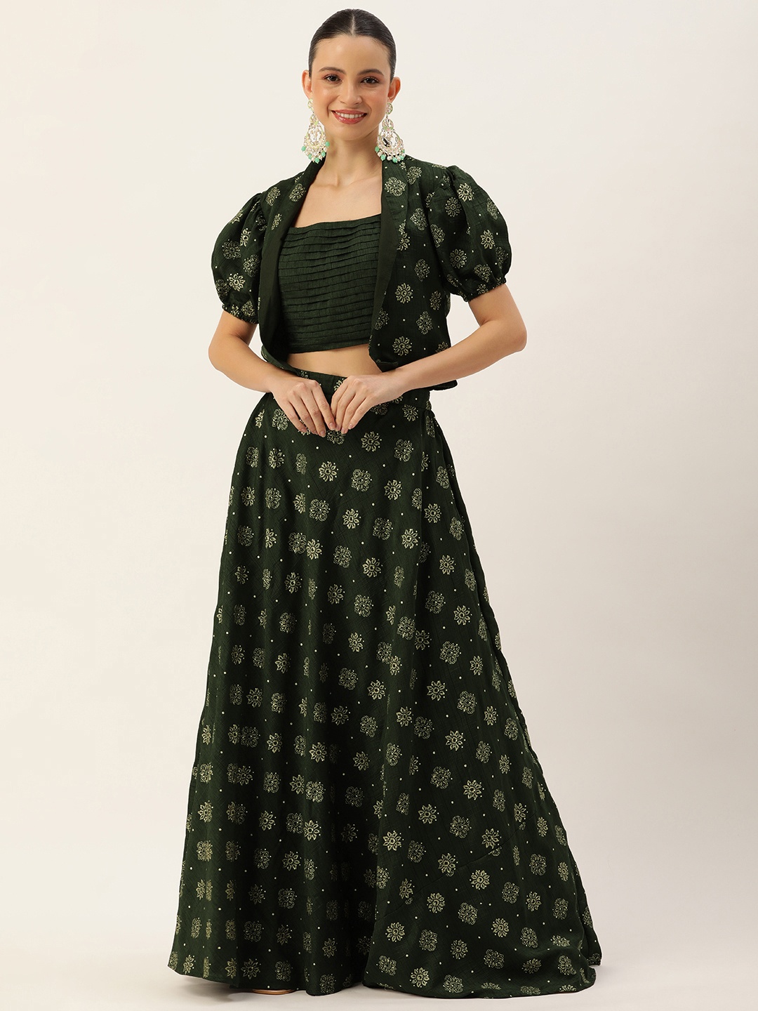 

Ethnovog Foil Print Ready to Wear Lehenga Choli with Jacket, Green