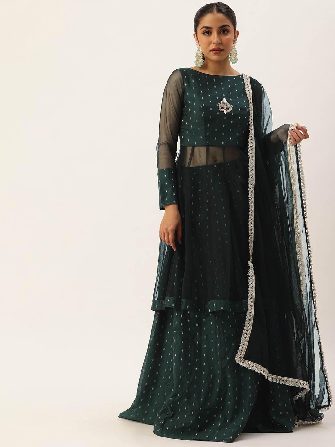 

Ethnovog Embellished Ready to Wear Lehenga & Blouse With Dupatta, Green