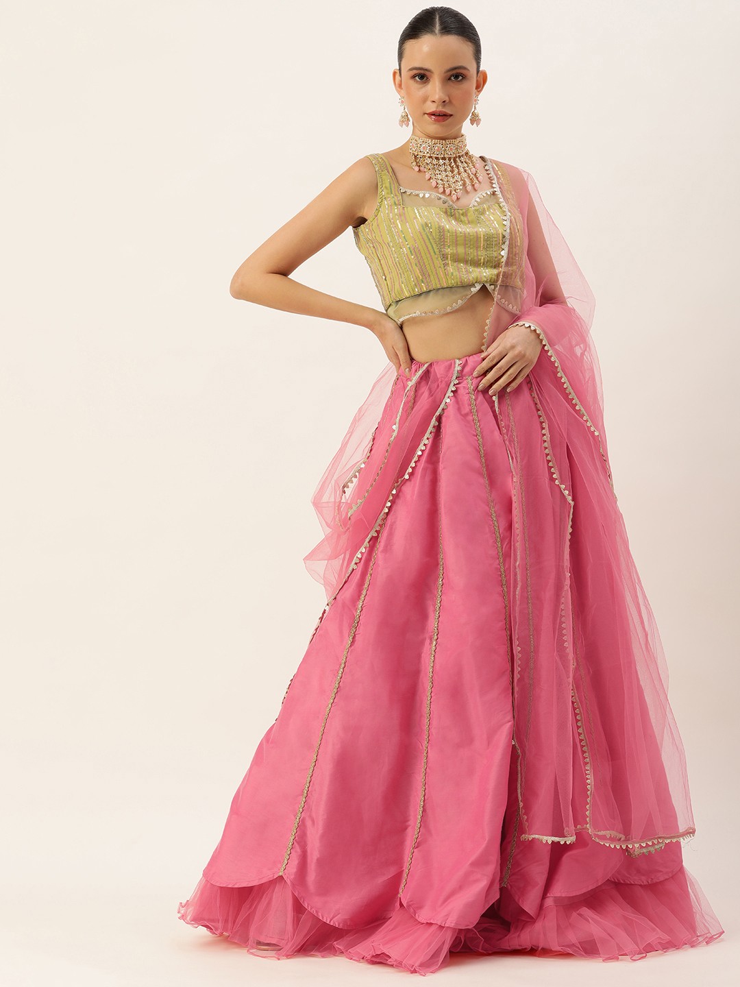 

Ethnovog Embroidered Sequinned Ready to Wear Lehenga & Blouse With Dupatta, Green