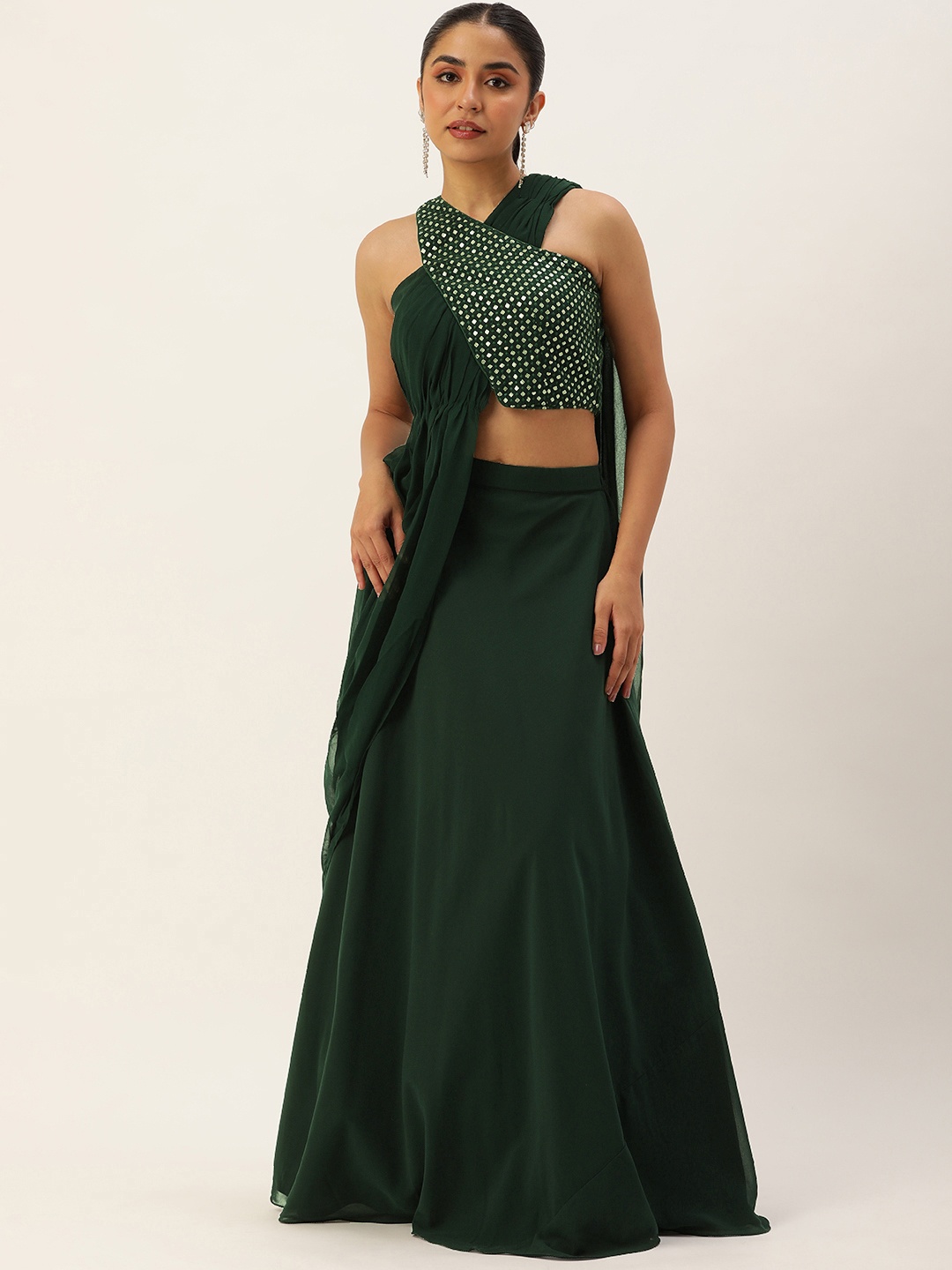 

Ethnovog Embroidered Sequinned Ready to Wear Lehenga Choli, Green