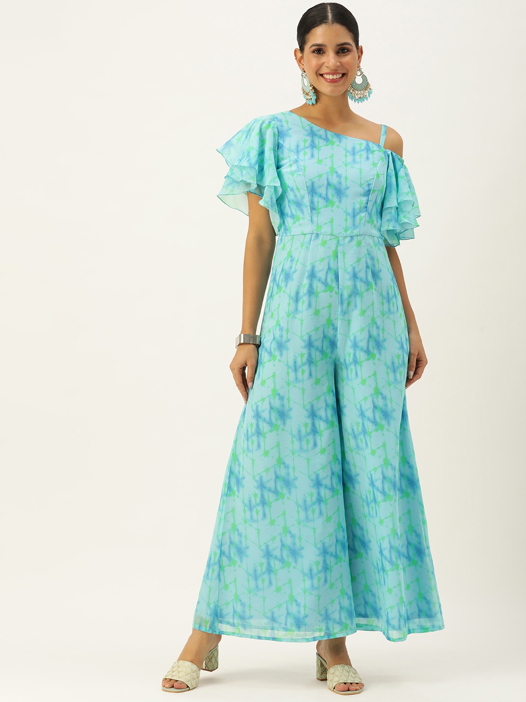 

Ethnovog Printed Culotte Georgette Jumpsuit, Turquoise blue