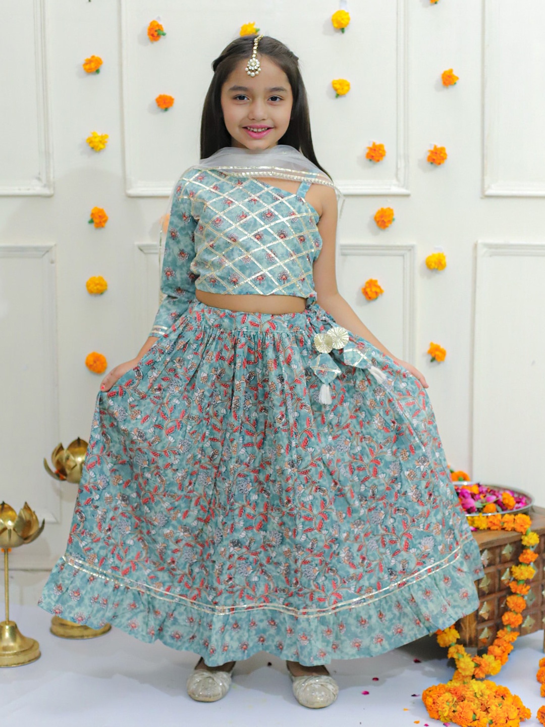 

Ka-mee Girls Floral Printed Gotta Patti Cotton Ready to Wear Lehenga & Blouse With Dupatta, Green