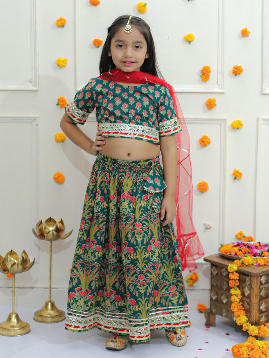 

Ka-mee Girls Floral Printed Gotta Patti Cotton Ready to Wear Lehenga & Blouse With Dupatta, Green