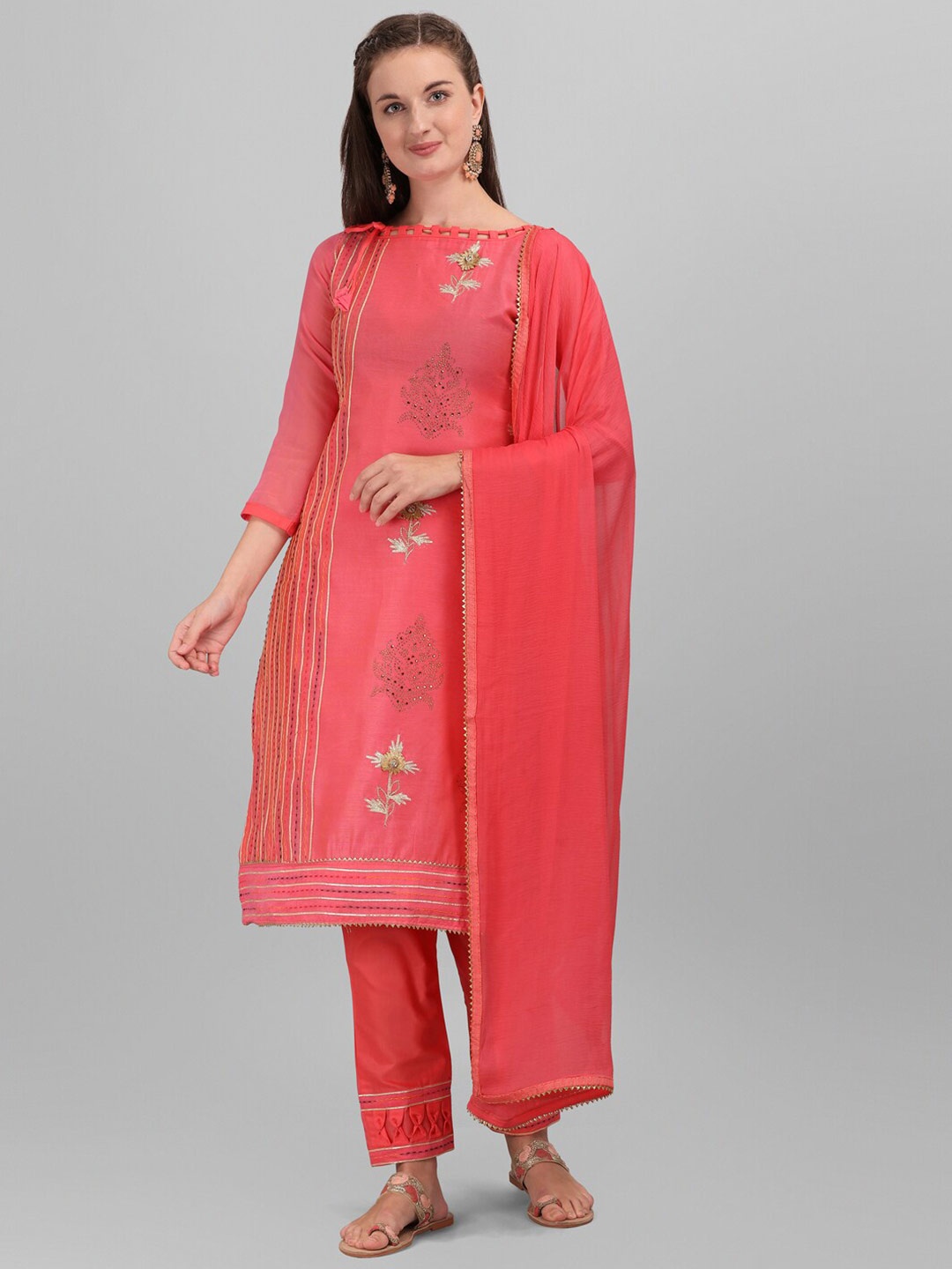 

DIVASTRI Floral Embroidered Beads & Stones Dress Material, Pink