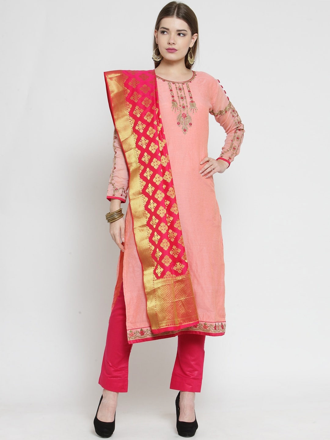 

DIVASTRI Ethnic Motifs Embroidered Zardozi Unstitched Dress Material, Pink