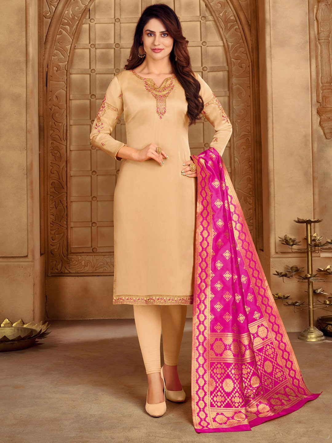 

DIVASTRI Ethnic Motifs Embroidered Beads & Stones Unstitched Dress Material, Beige