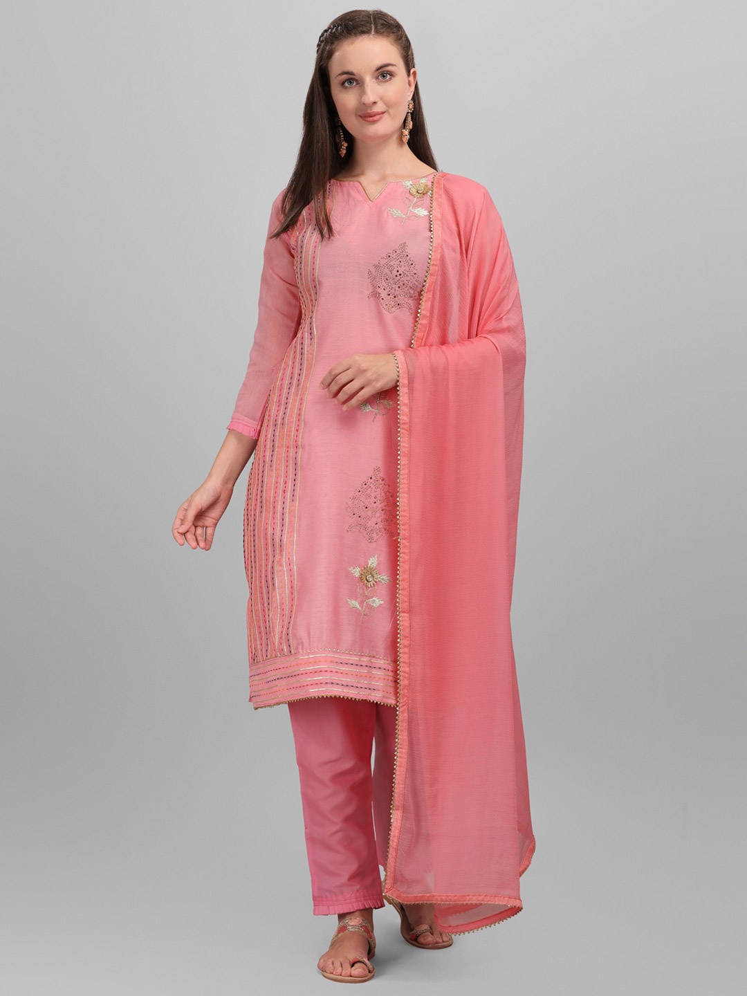 

DIVASTRI Ethnic Motifs Embroidered Beads & Stones Unstitched Dress Material, Pink