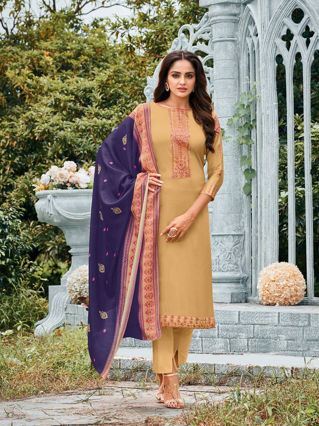 

DIVASTRI Floral Embroidered Unstitched Dress Material, Beige