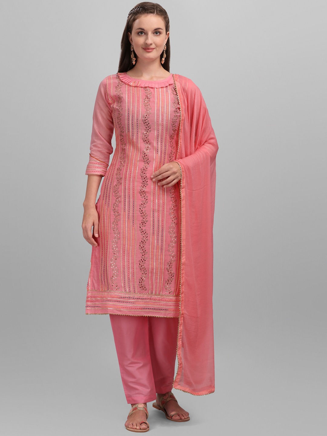 

DIVASTRI Striped Embroidered Beads & Stones Unstitched Dress Material, Pink