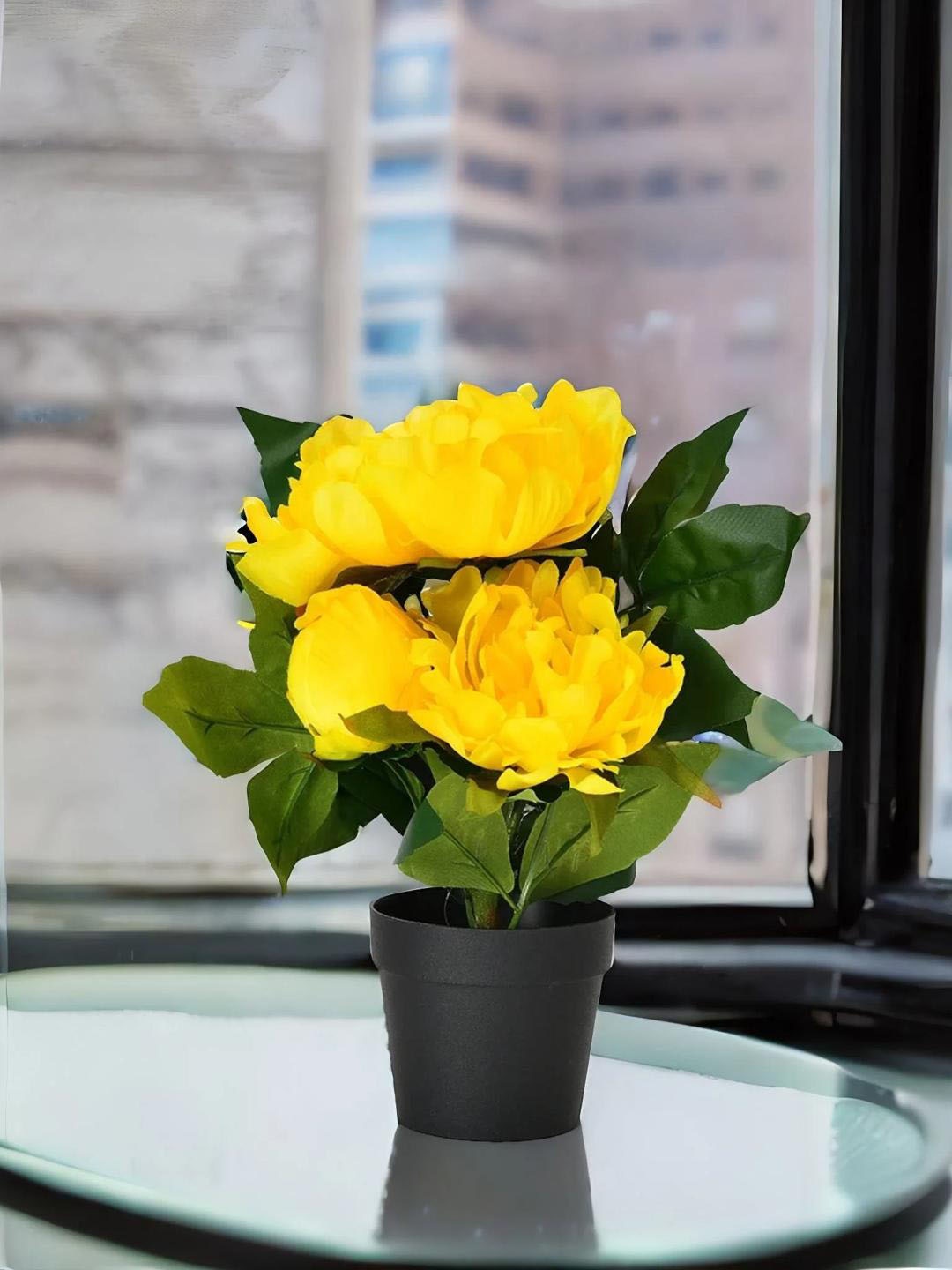 

Athome by Nilkamal Yellow & Green Peony Artificial Flower Potted Plant