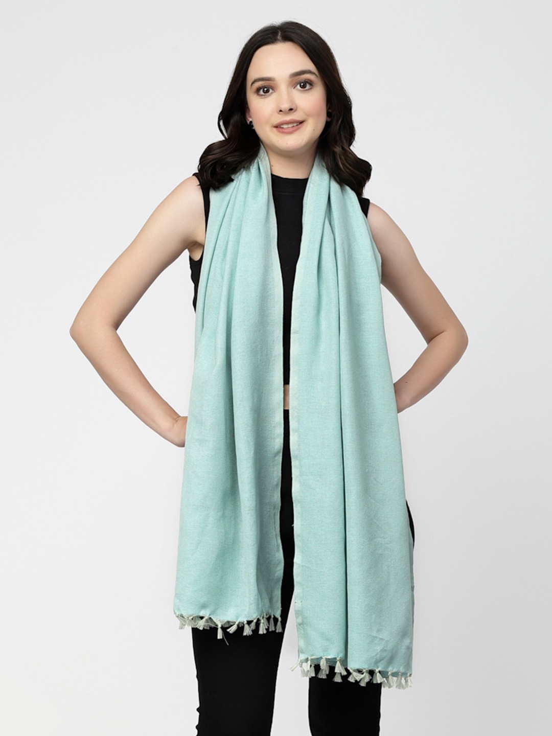 

Arrabi Women Tasseled Cotton Stole, Turquoise blue