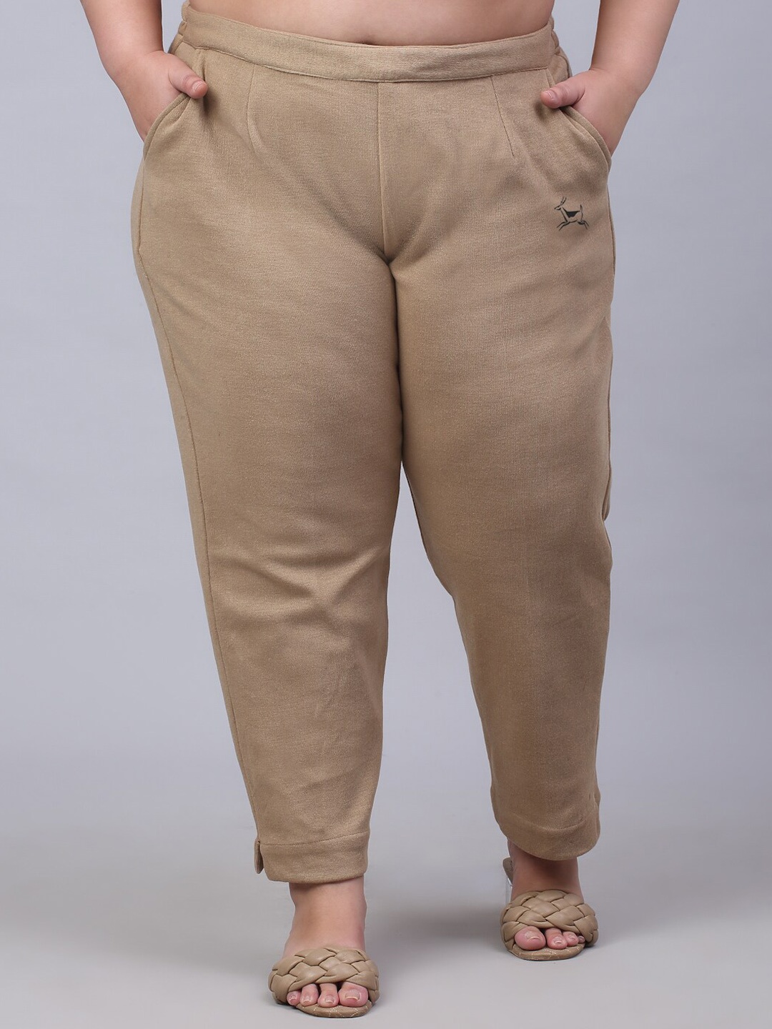 

Trend Level Women Plus Size Relaxed Straight Leg Easy Wash Woollen Trousers, Beige