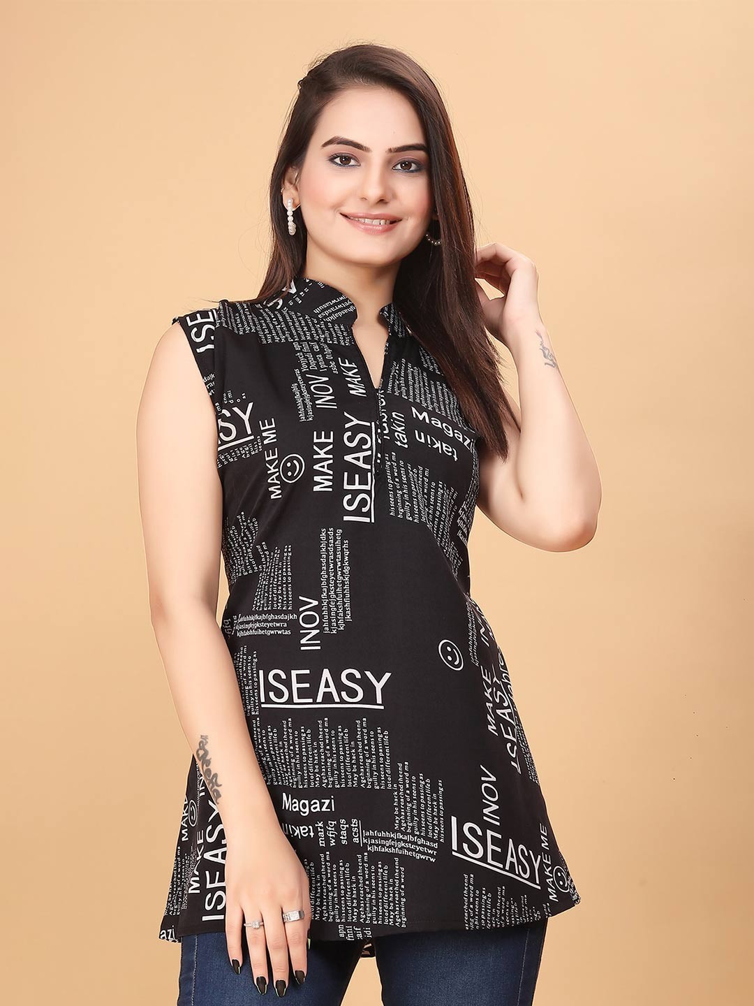 

N N ENTERPRISE Typography Printed Mandarin Collar Crepe Top, Black