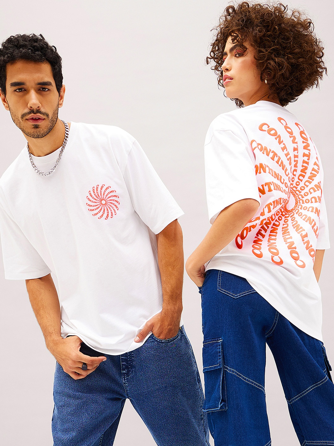 MASCLN SASSAFRAS Unisex White Typography Printed Pure Cotton Oversized T-shirt