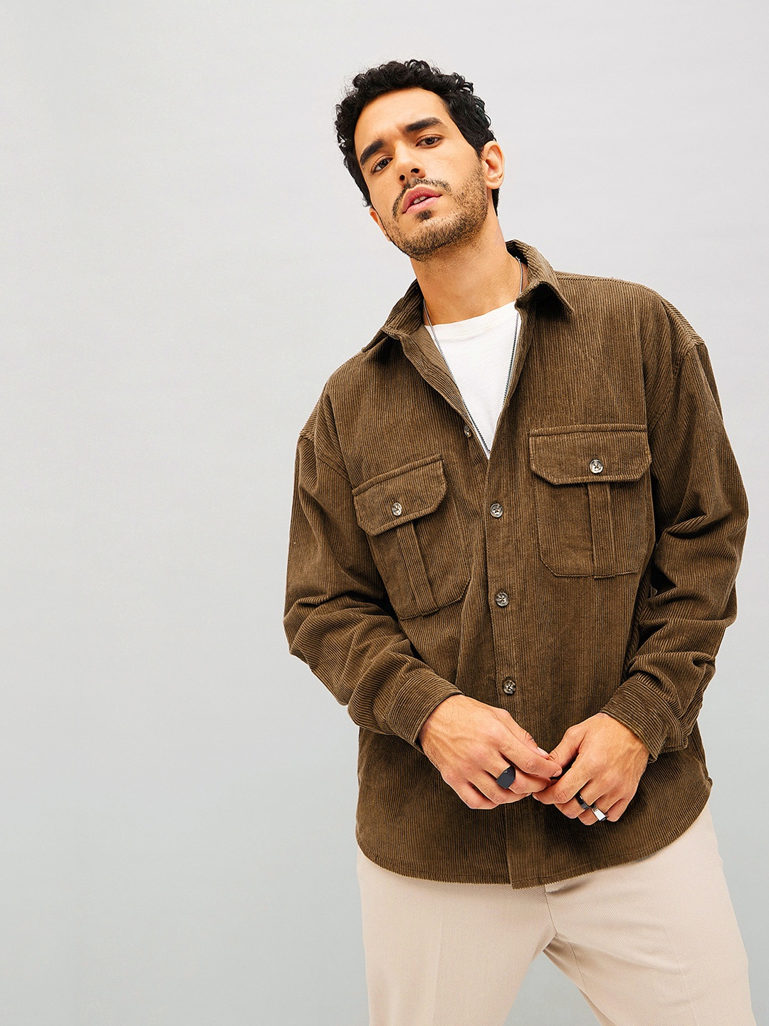 

MASCLN SASSAFRAS Relaxed Flap Pocket Corduroy Oversized Casual Pure Cotton Shacket, Brown