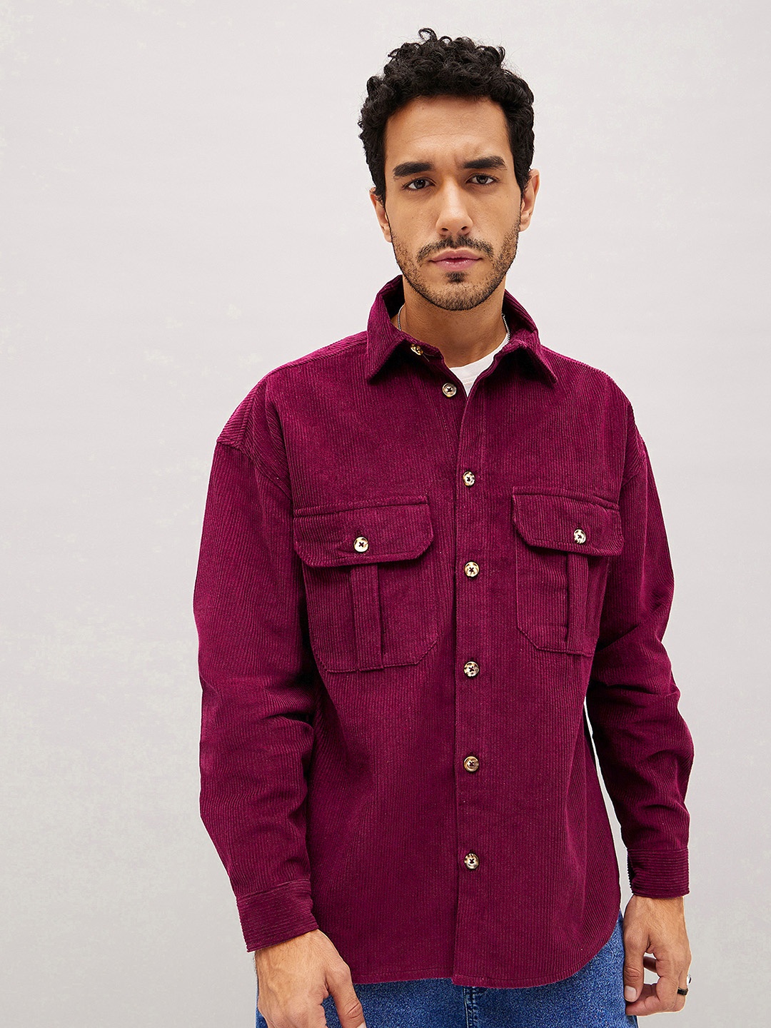 

MASCLN SASSAFRAS Relaxed Flap Pocket Corduroy Oversized Casual Pure Cotton Shacket, Maroon