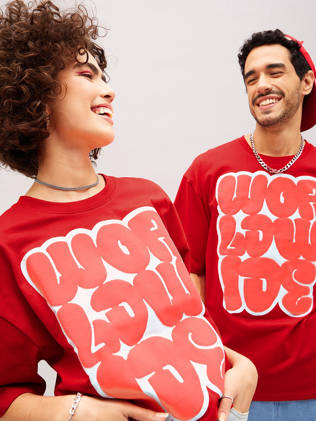 MASCLN SASSAFRAS Unisex Red Typography Printed Pure Cotton Oversized T-shirt