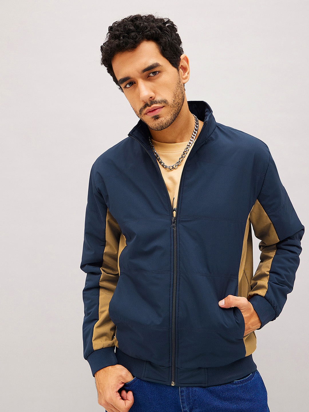 

MASCLN SASSAFRAS Navy Blue Colourblocked Mock Collar Sweatshirt