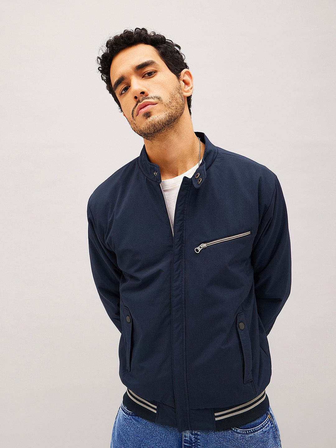 

MASCLN SASSAFRAS Navy Blue Mock Collar Long Sleeve Zip Detail Bomber Jacket