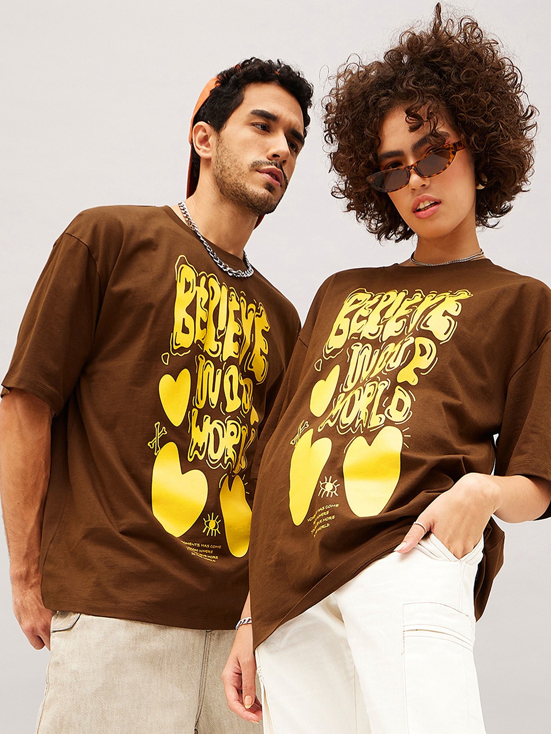

MASCLN SASSAFRAS Unisex Brown Typography Printed Pure Cotton Oversized T-shirt