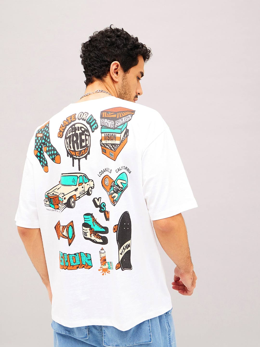 

MASCLN SASSAFRAS Unisex White Graphic Printed Pure Cotton Oversized T-shirt