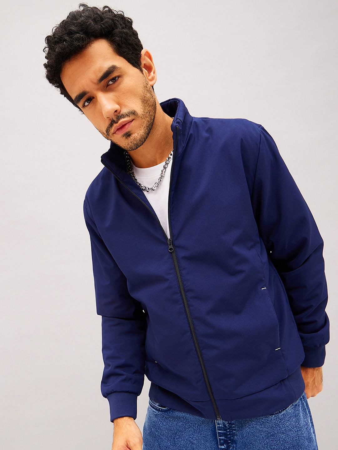 

MASCLN SASSAFRAS Mock Collar Bomber Jacket, Navy blue