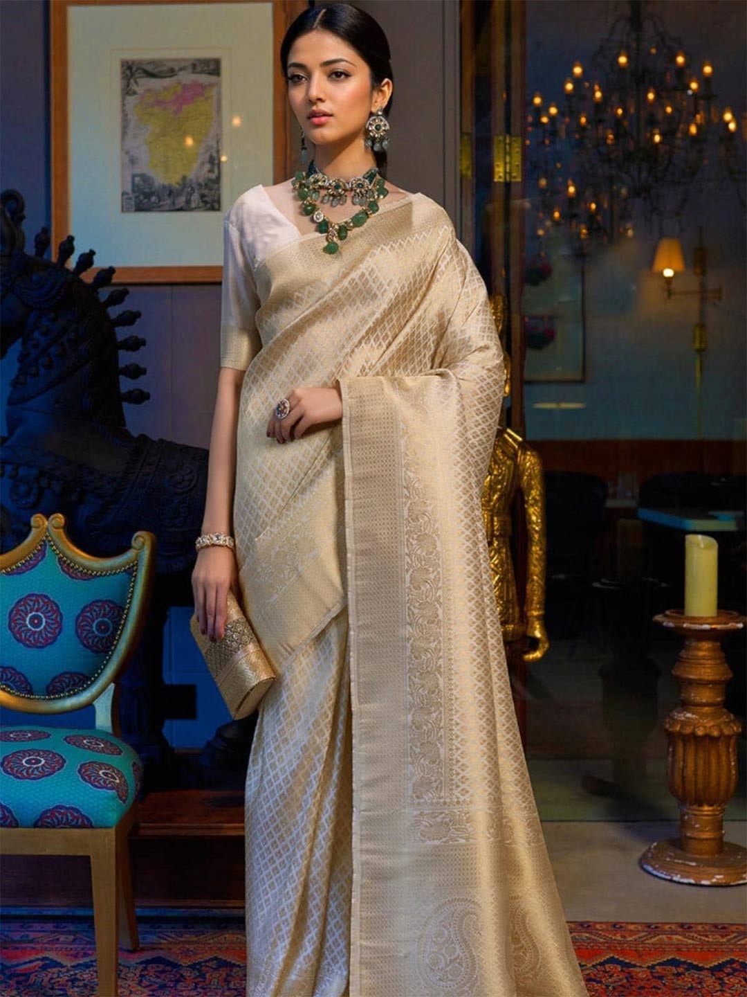 

Rangita Ethnic Motifs Woven Design Zari Banarasi Silk Saree, Cream