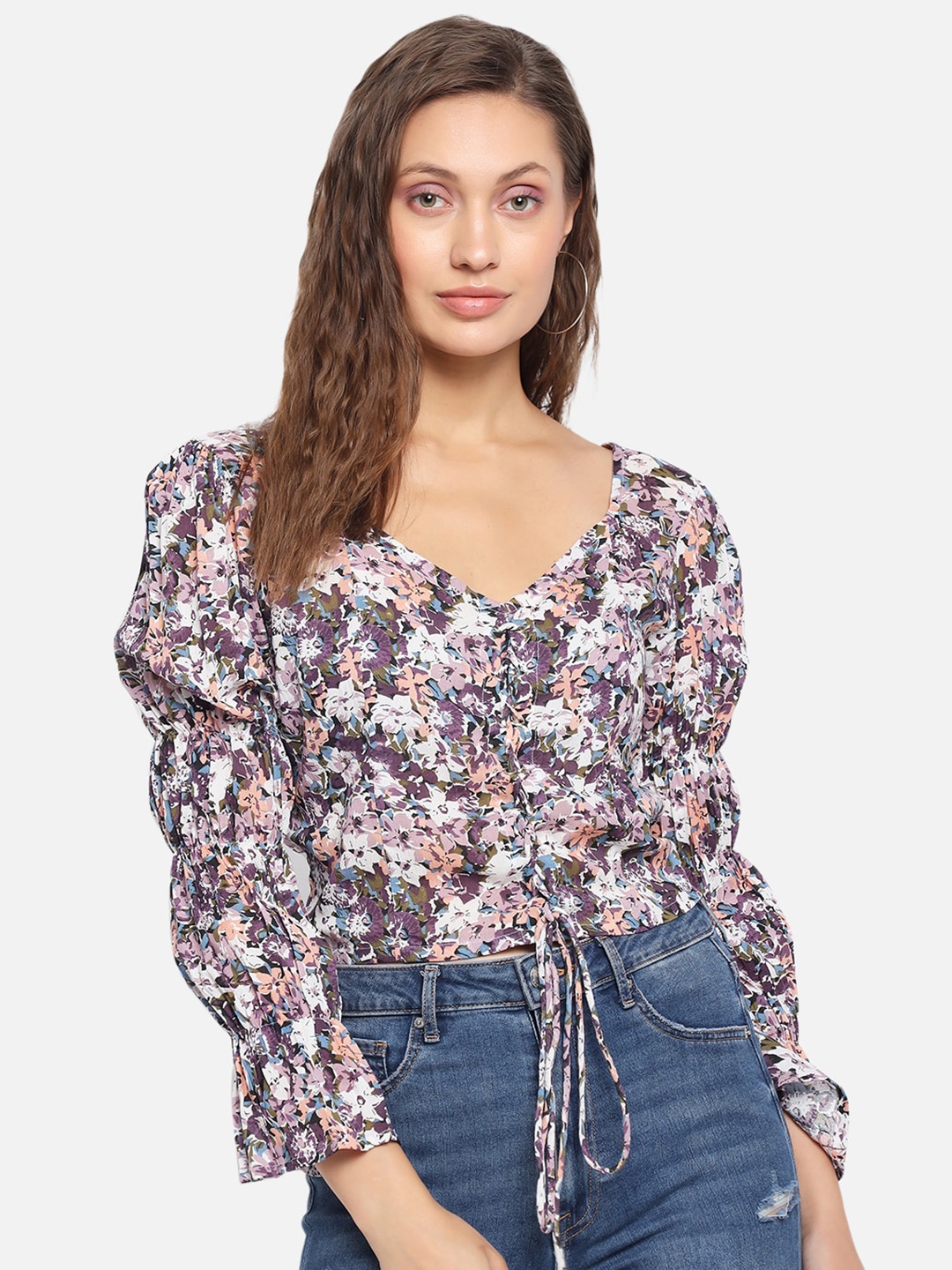 

Trend Arrest Floral Printed Puff Sleeve Crop Top, Purple