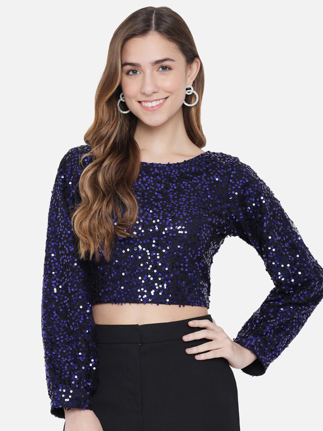 

Trend Arrest Embellished Cut Out Detailed Net Crop Top, Blue