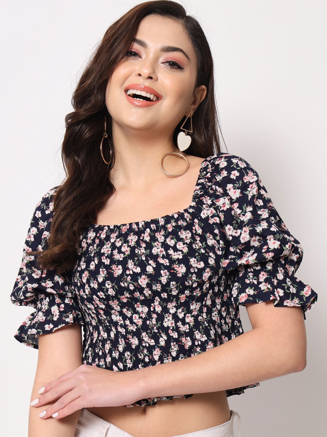 

Trend Arrest Floral Printed Puff Sleeve Square Neck Smocked Crop Top, Navy blue