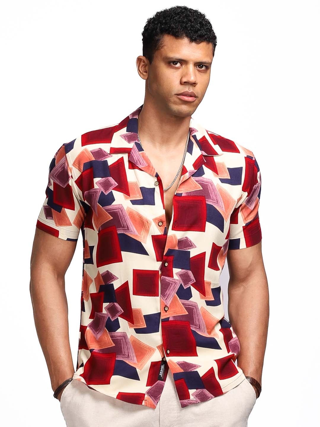 

CESARI LONDON Premium Fit Geometric Printed Cuban Collar Casual Shirt, Beige