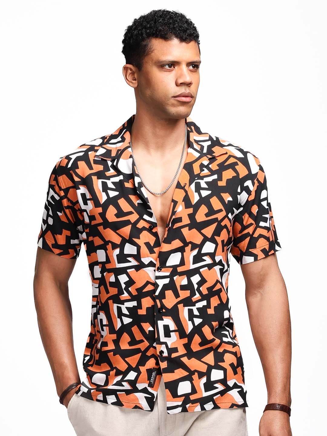 

CESARI LONDON Premium Fit Abstract Printed Cuban Collar Casual Shirt, Black