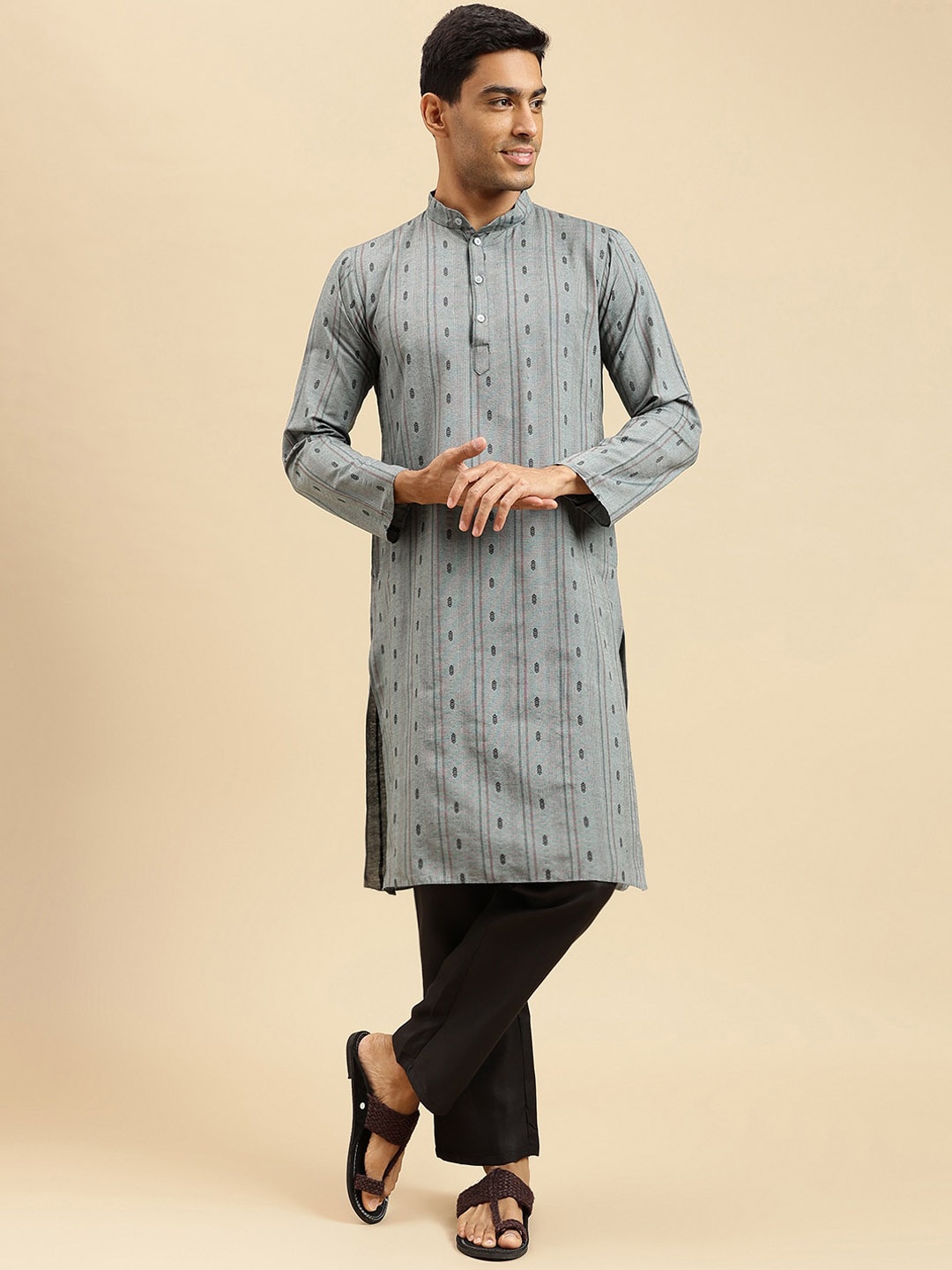 

Sangria Woven Design Band Collar Cotton Straight Kurta, Grey