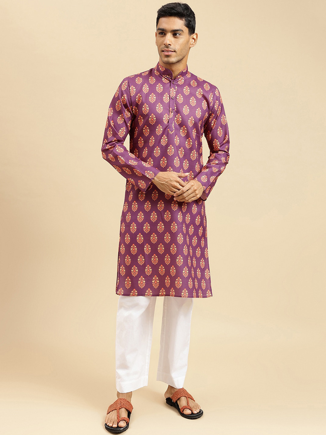 

Sangria Ethnic Motif-Printed Band Collar Pure Cotton Straight Kurta, Purple