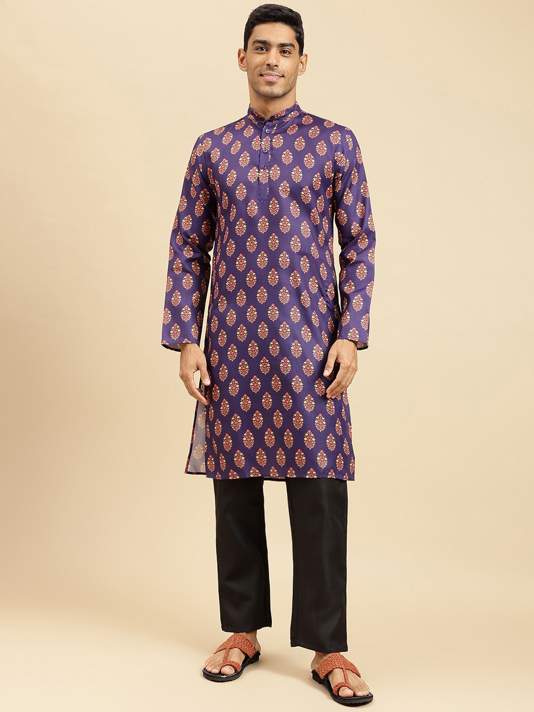 

Sangria Ethnic Motif-Printed Band Collar Pure Cotton Straight Kurta, Navy blue