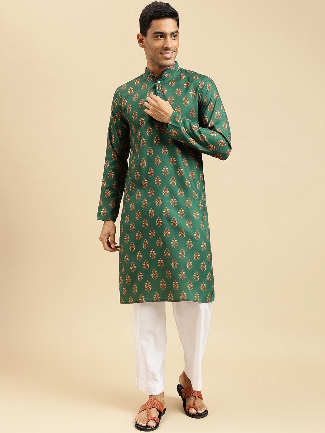 

Sangria Floral Printed Band Collar Cotton Straight Kurtas, Green