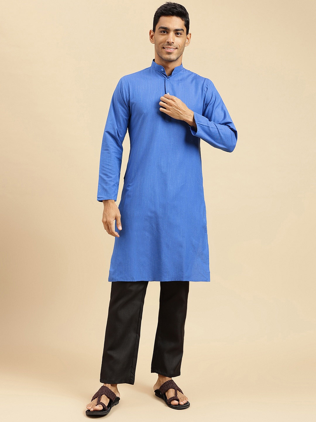 

Sangria Band Collar Cotton Straight Kurtas, Blue