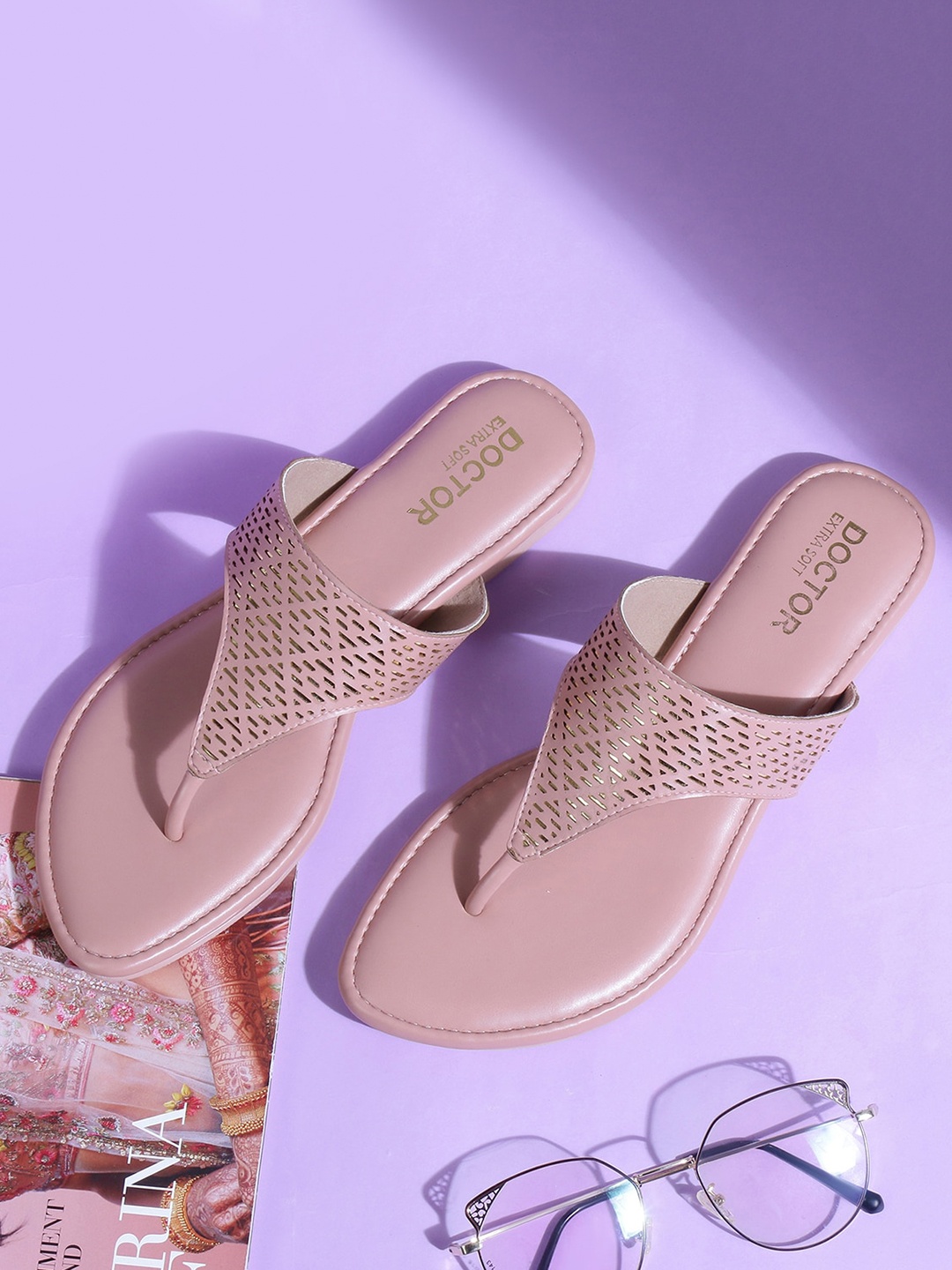 

DOCTOR EXTRA SOFT Memory Foam Textured Open Toe Flats With Laser Cuts, Peach