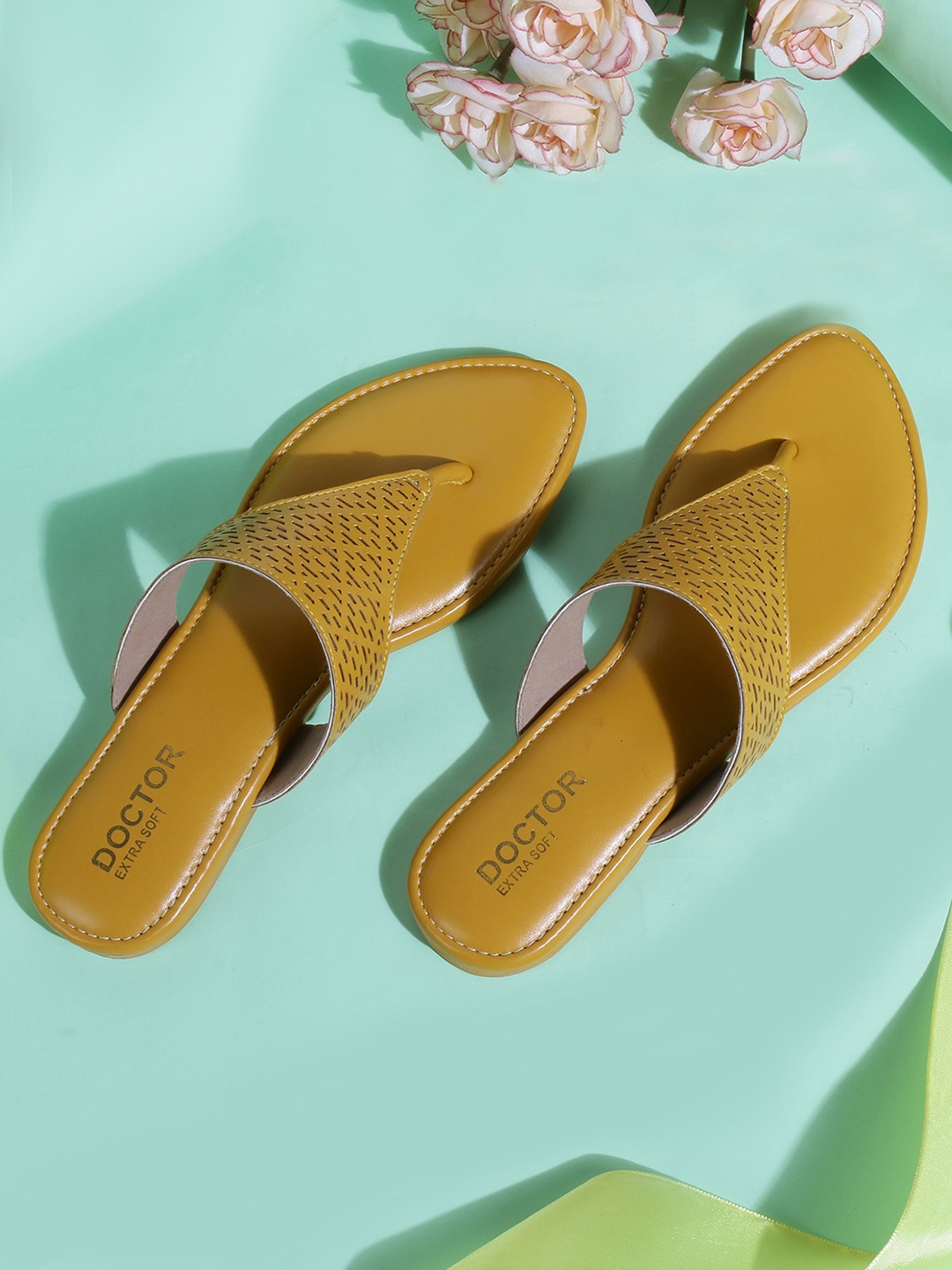 

DOCTOR EXTRA SOFT Memory Foam Textured Open Toe Flats With Laser Cuts, Mustard