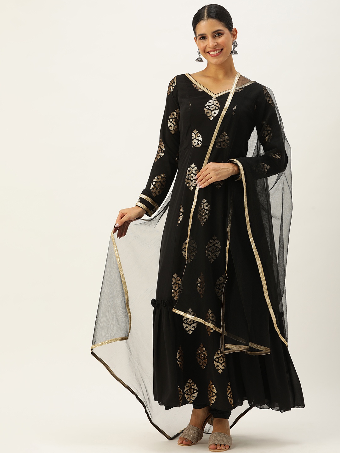 

Ethnovog Ethnic Motifs Printed Regular Sequinned Kurta with Trousers & Dupatta, Black