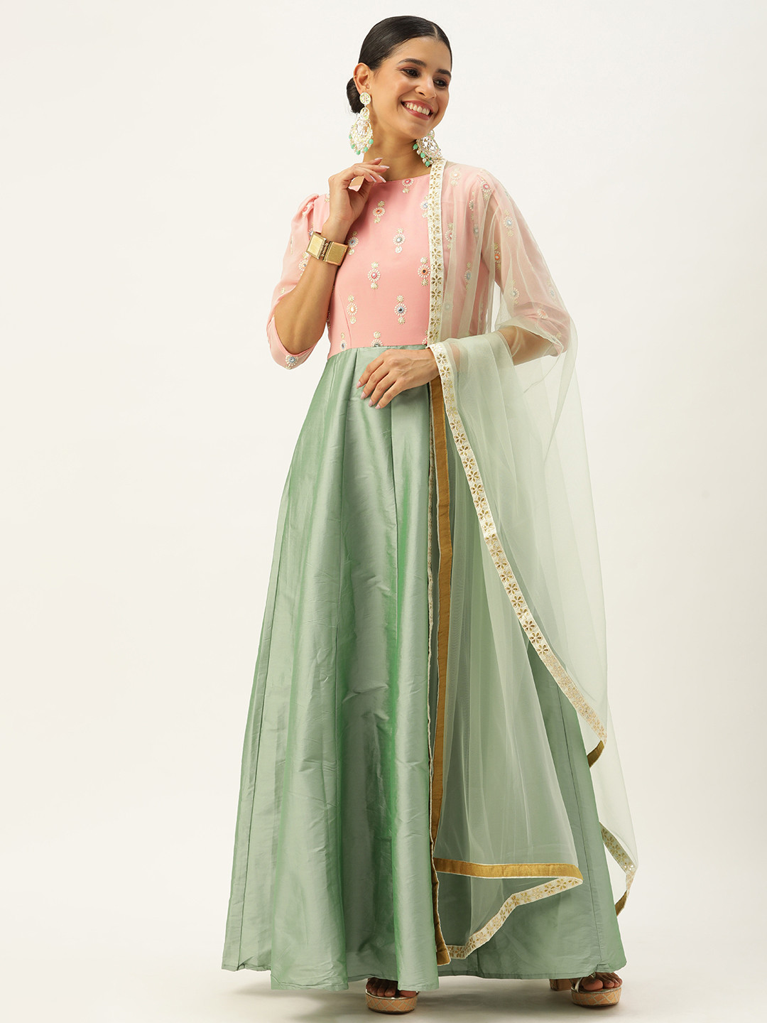 

Ethnovog Ethnic Motifs Embroidered Regular Mirror Work Kurta with Trousers & Dupatta, Green