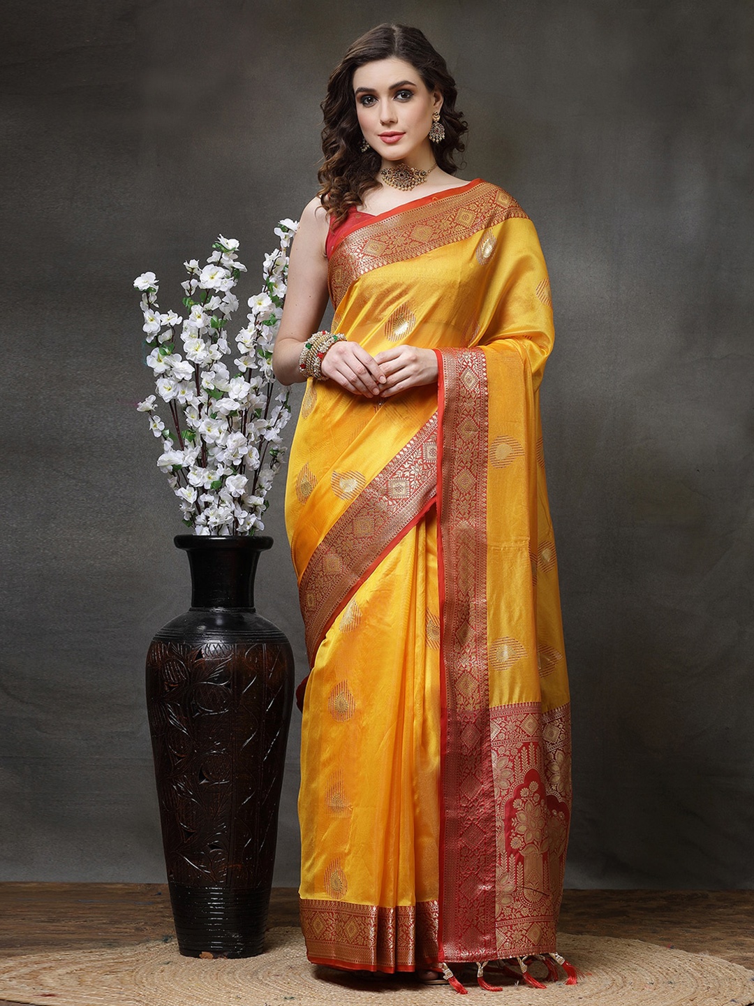 

Satrani Yellow & Red Ethnic Motif Woven Design Zari Tissue Banarasi Saree
