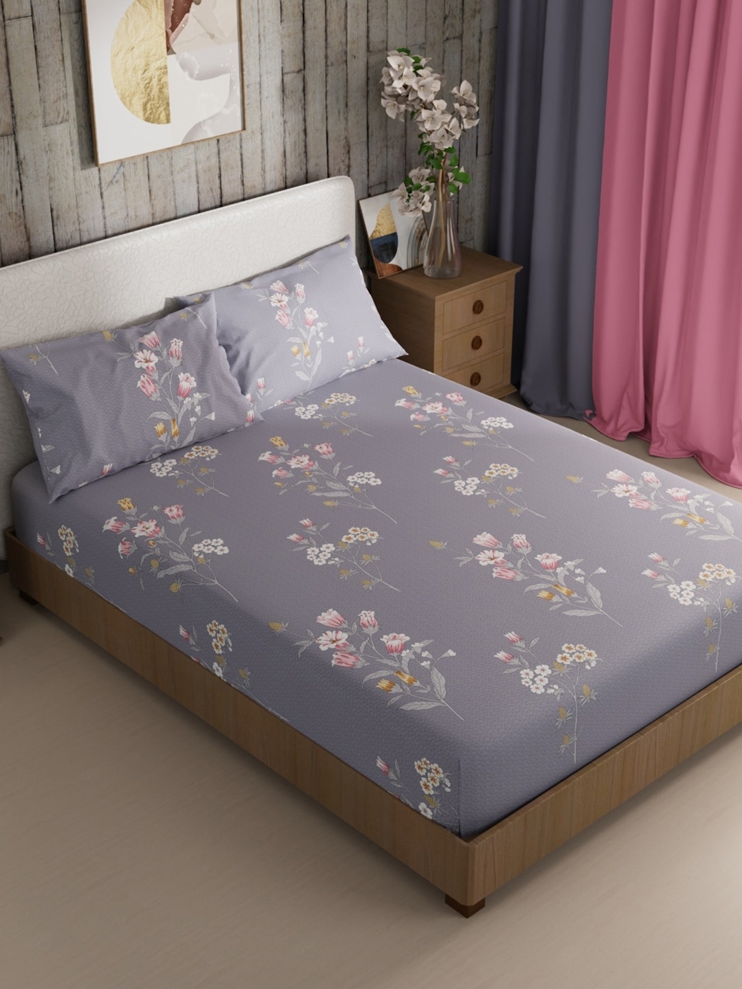

BIANCA Mikasa Grey & White Floral Microfiber 210 TC King Bedsheet With 2 Pillow Covers
