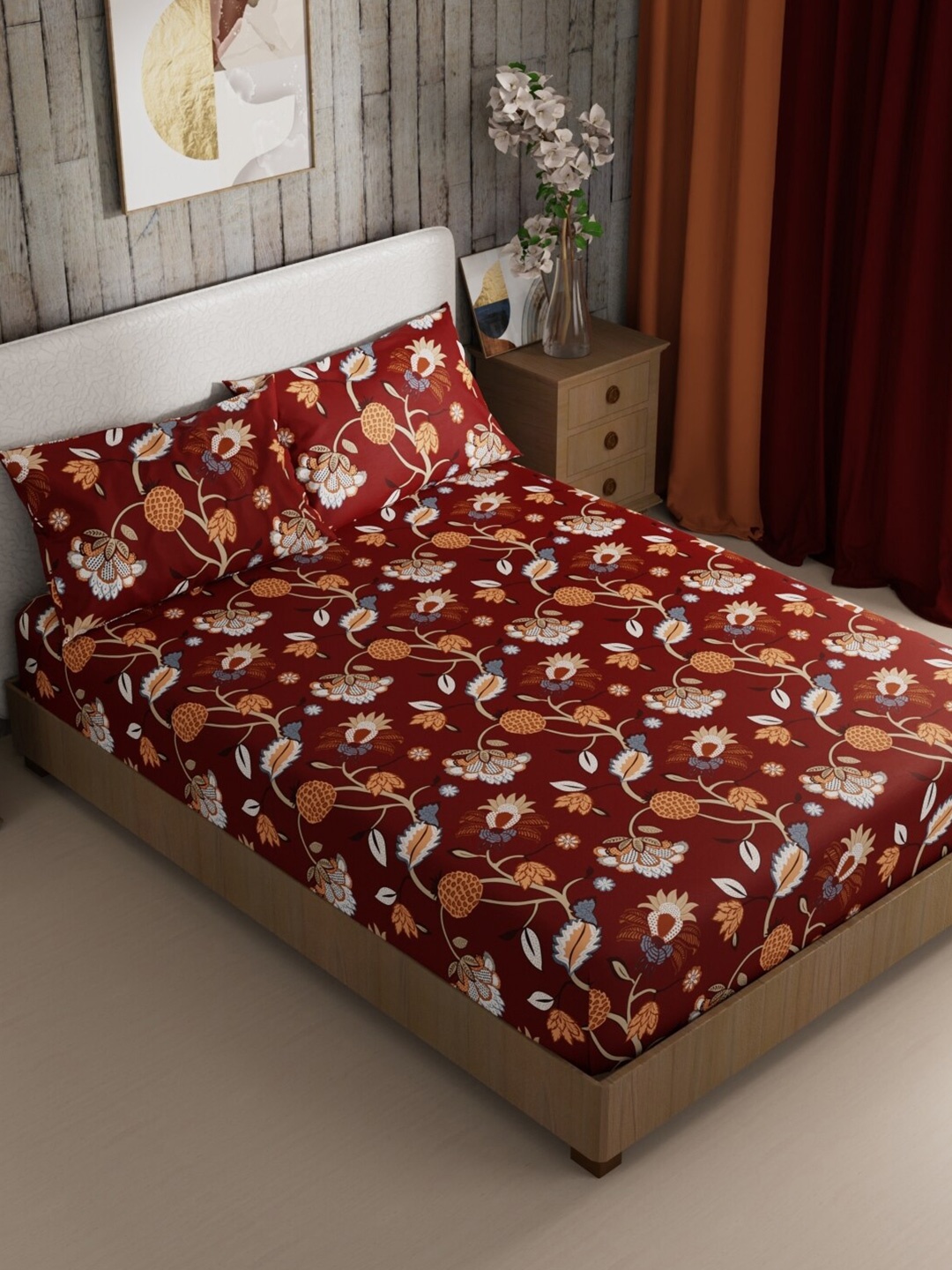 

BIANCA Mikasa Maroon Floral Microfiber 210 TC King Bedsheet With 2 Pillow Covers