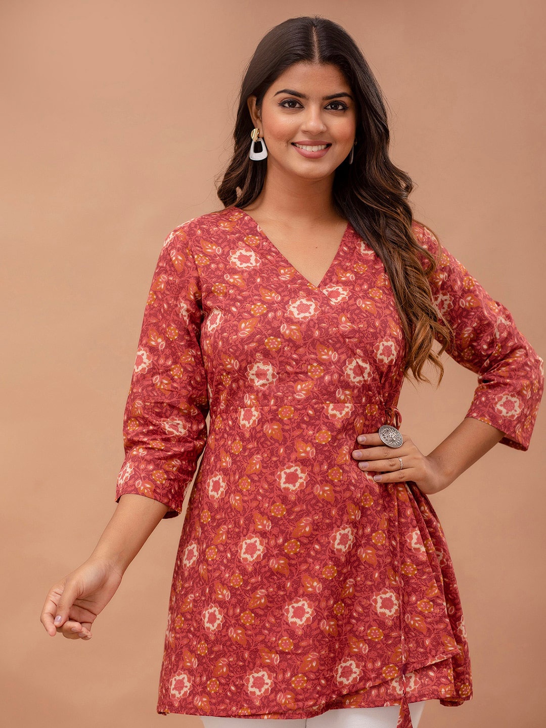 

FERANOID Floral Printed V-Neck Pure Cotton Angrakha A-Line Kurti, Rust