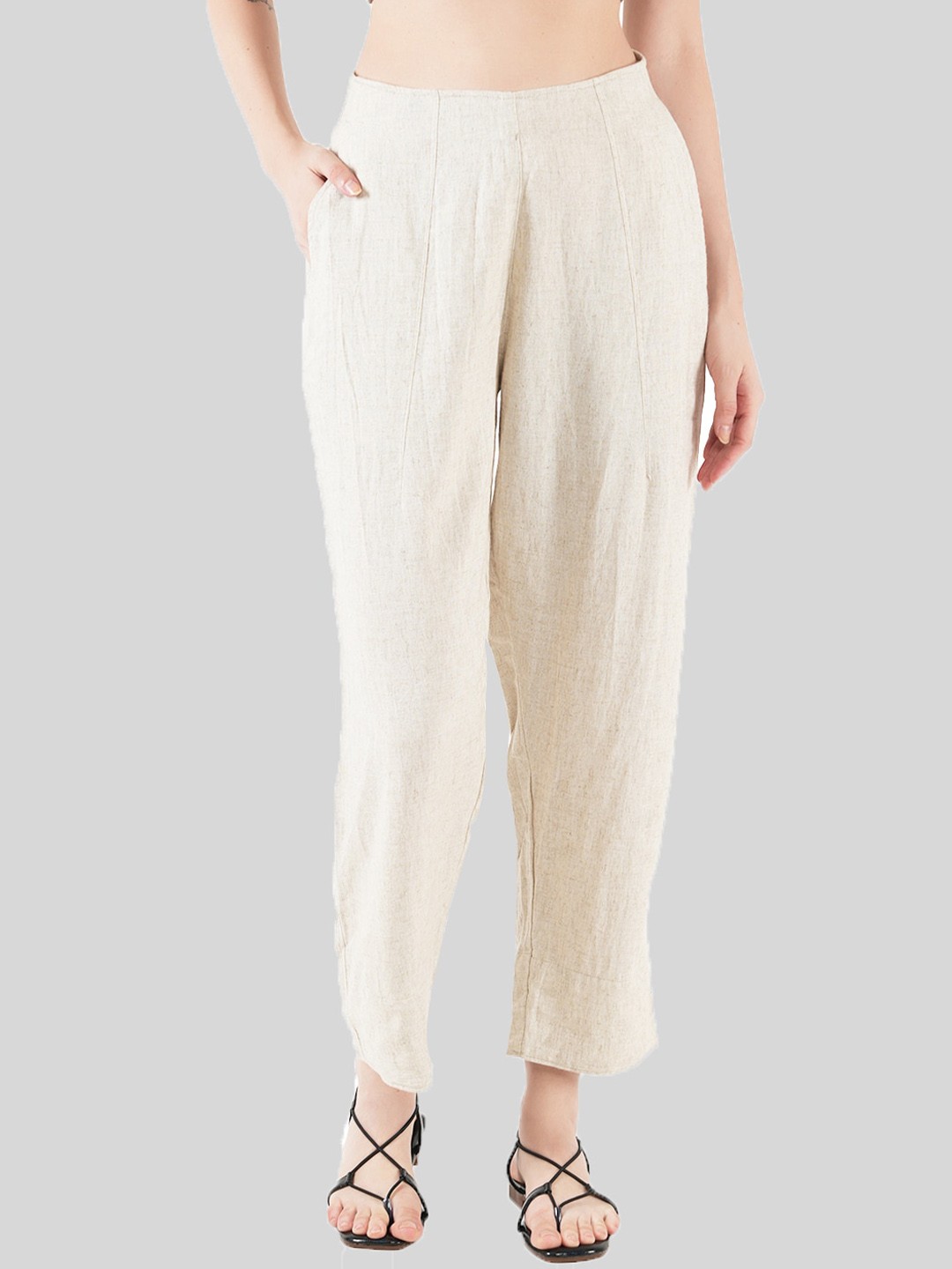 

Style Shoes Women Mid-Rise Straight Fit Linen Trousers, Cream