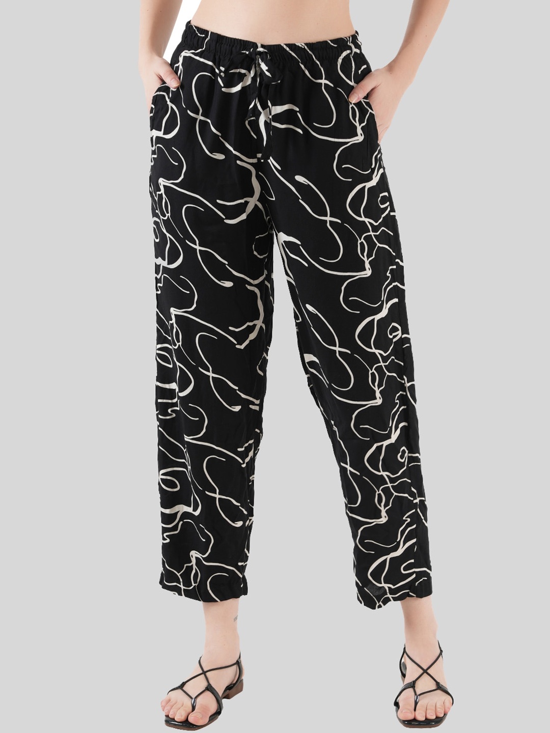 

Style Shoes Women Abstract Printed Mid-Rise Linen Regular Trousers, Black